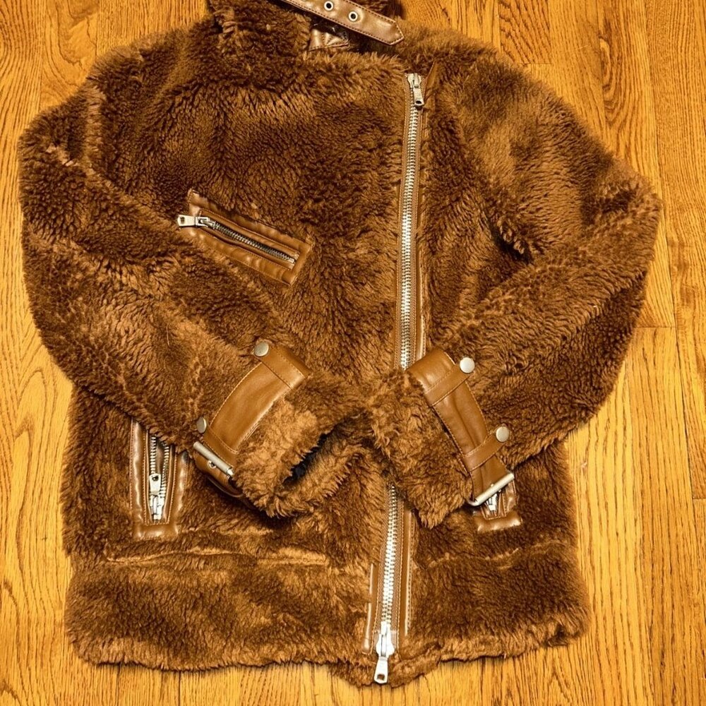 $199 Avec Les Filles Women's Brown Teddy Faux Fur Biker Moto Coat Jacket Size XS
